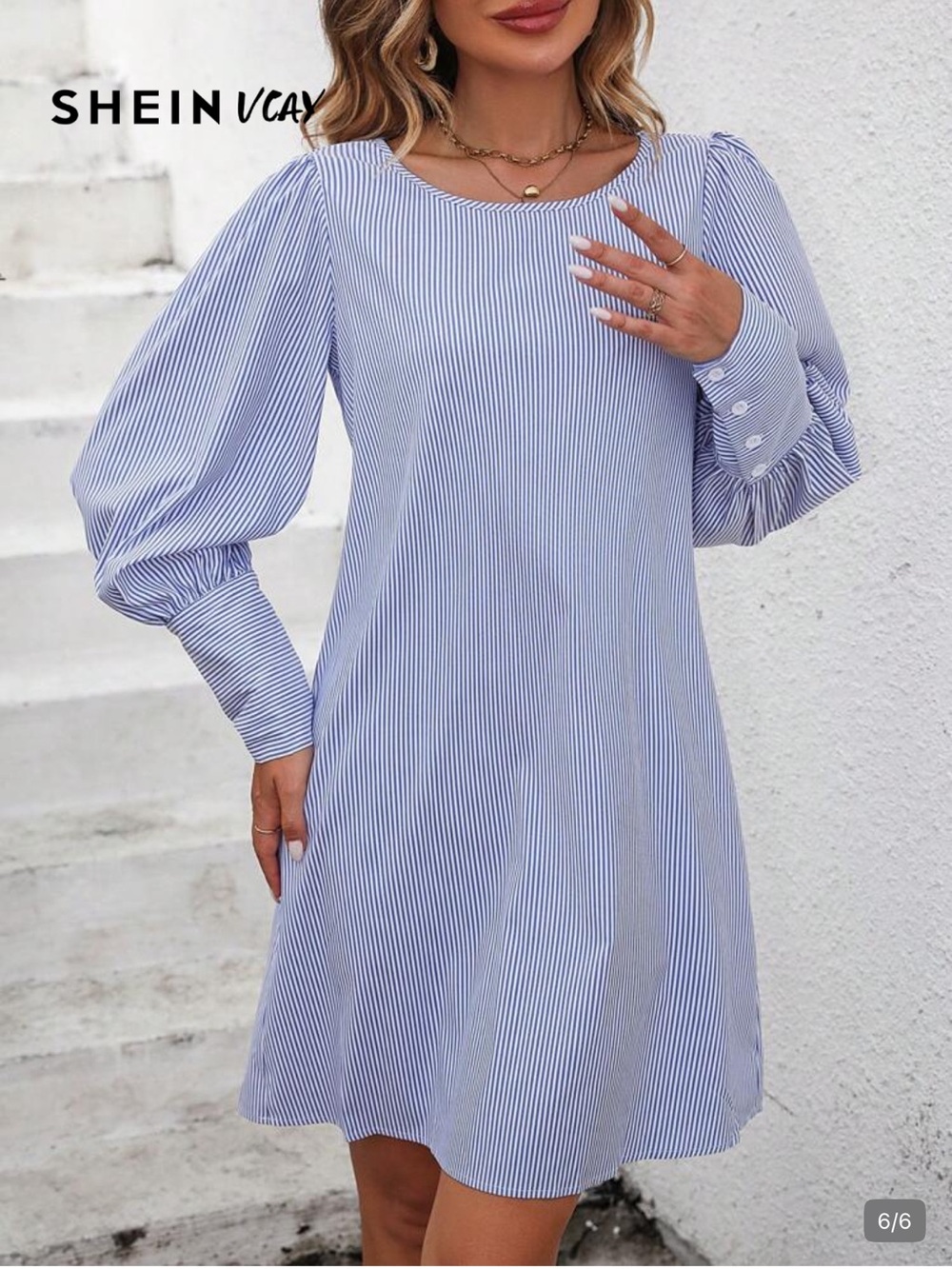SHEIN Blue & White Pinstripe Puff Sleeve Mini Dress